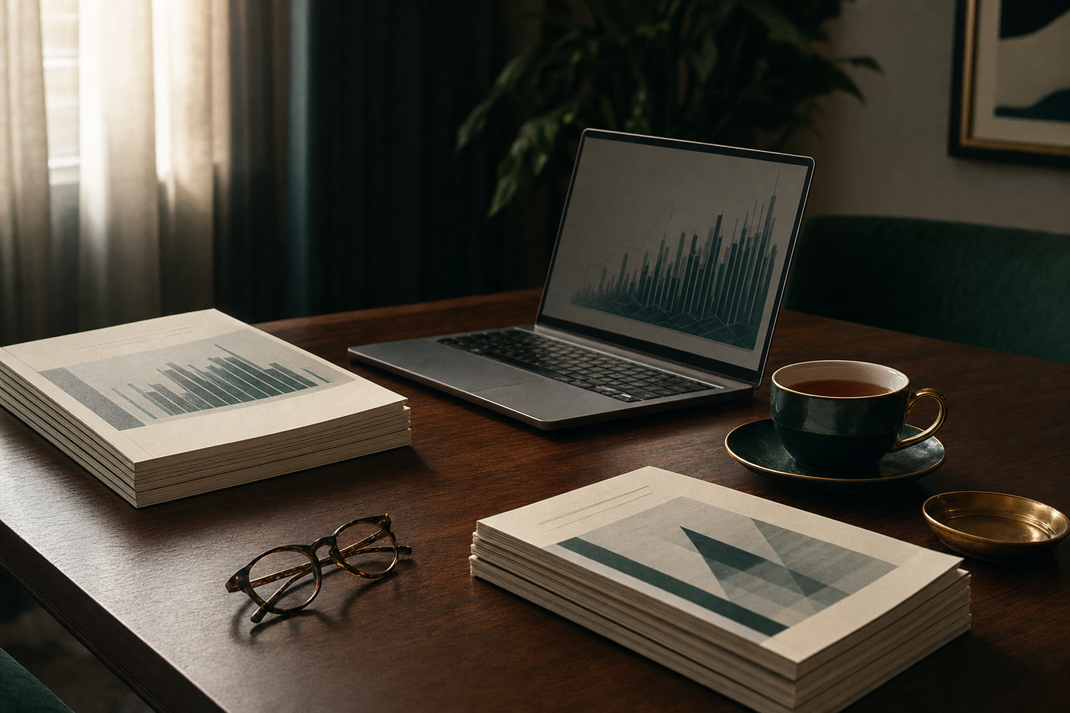 Financial reports and a laptop showing a chart on a conference table, representing manufacturing operations financial review