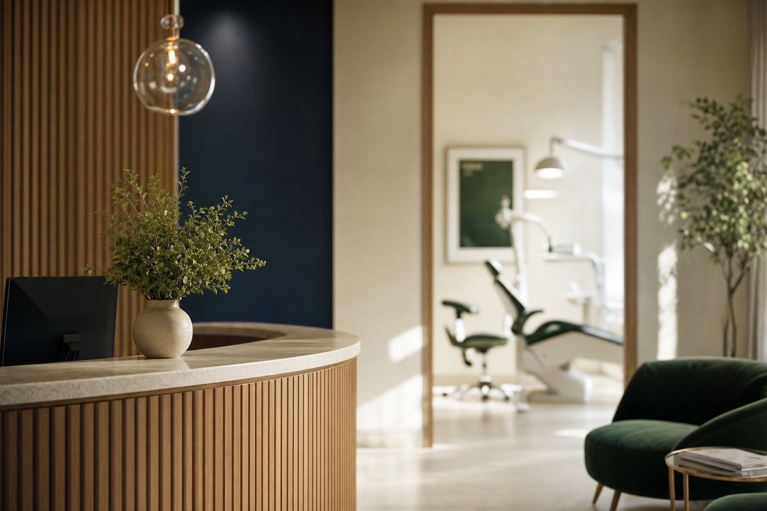 Clean, modern dental practice reception area with a treatment room visible in the background