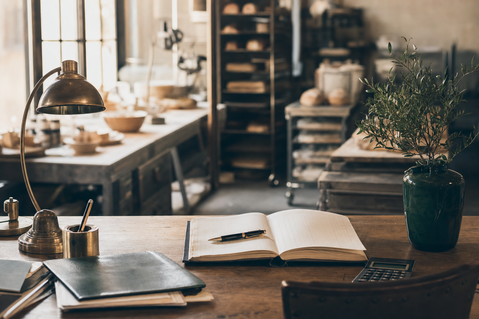 Warm, sunlit family-owned workshop with a ledger and calculator on a desk in the foreground